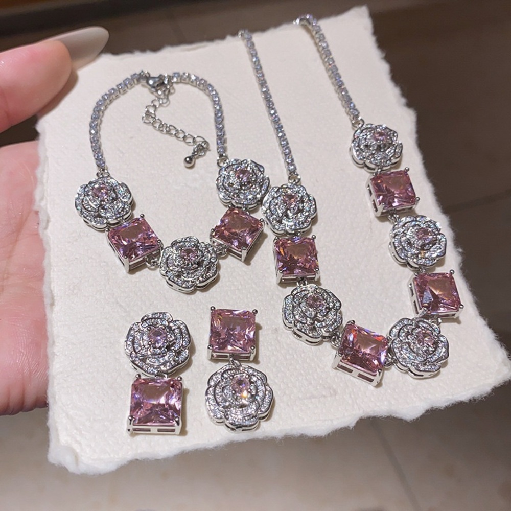 Camellia Jewelry Set Pink Crystal & Rose Halo – Necklace,‎ Bracelet & Earrings